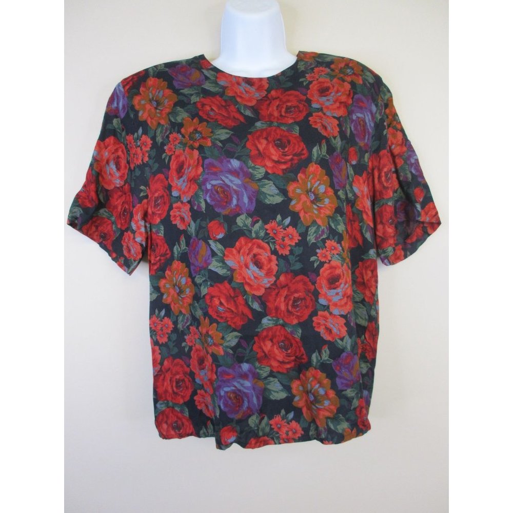 Jones New York Top Womens 14 Black Red DARK FLORAL Vintage Gothic Short Sleeve